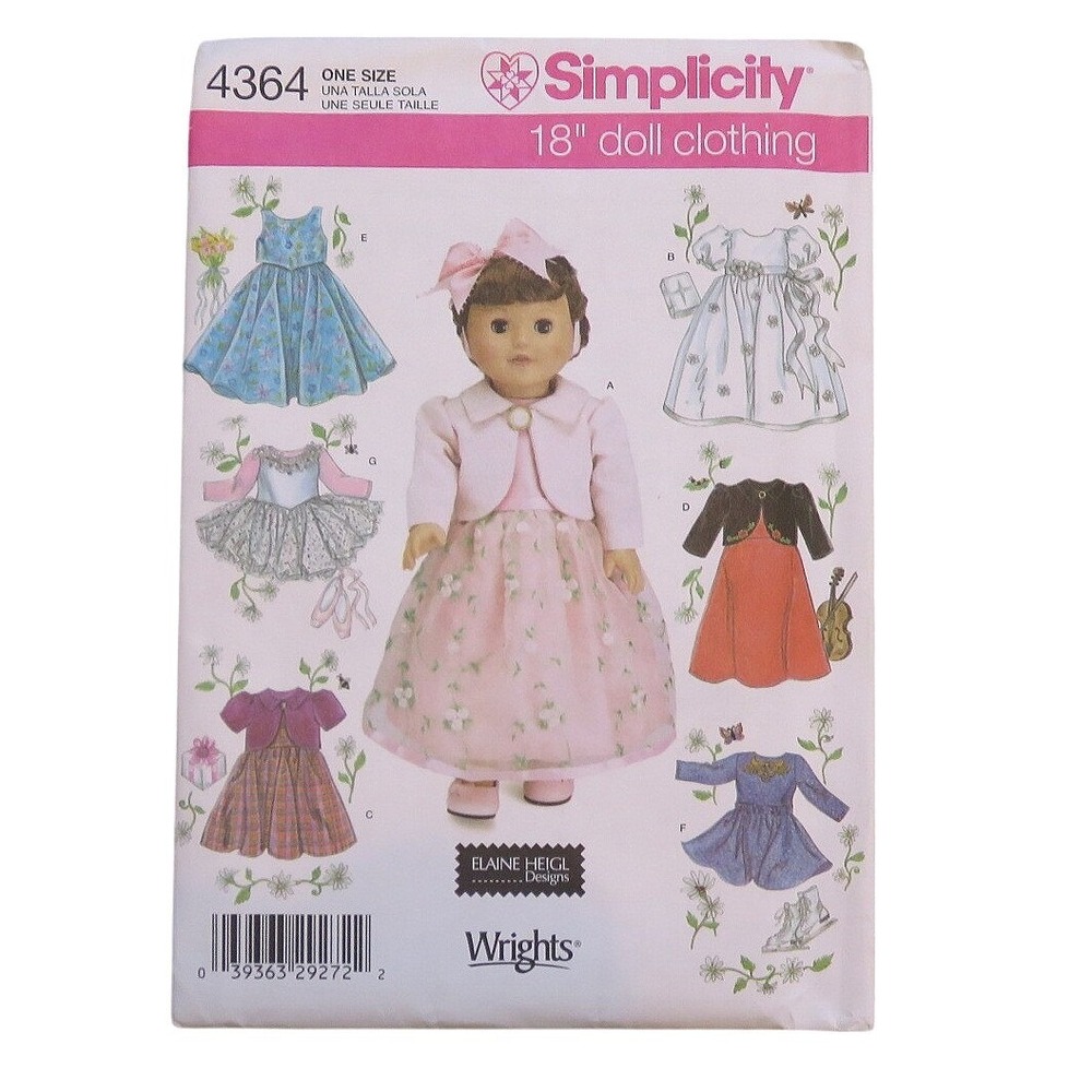 Simplicity 4364 18 inch Doll Clothing Sewing Pattern Elaine Heigl Designs Dress